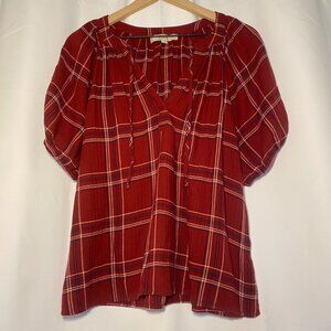 Loft Tie Neck Balloon Short Sleeve Top Womens L Red Plaid Holiday Casual EUC